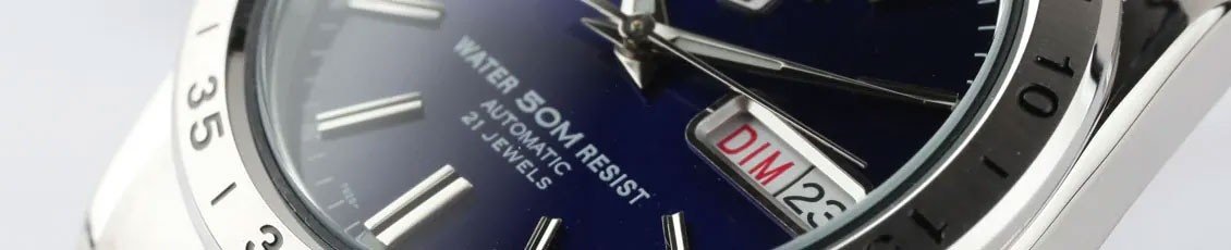 Close up of 5 ATM water resistant watch