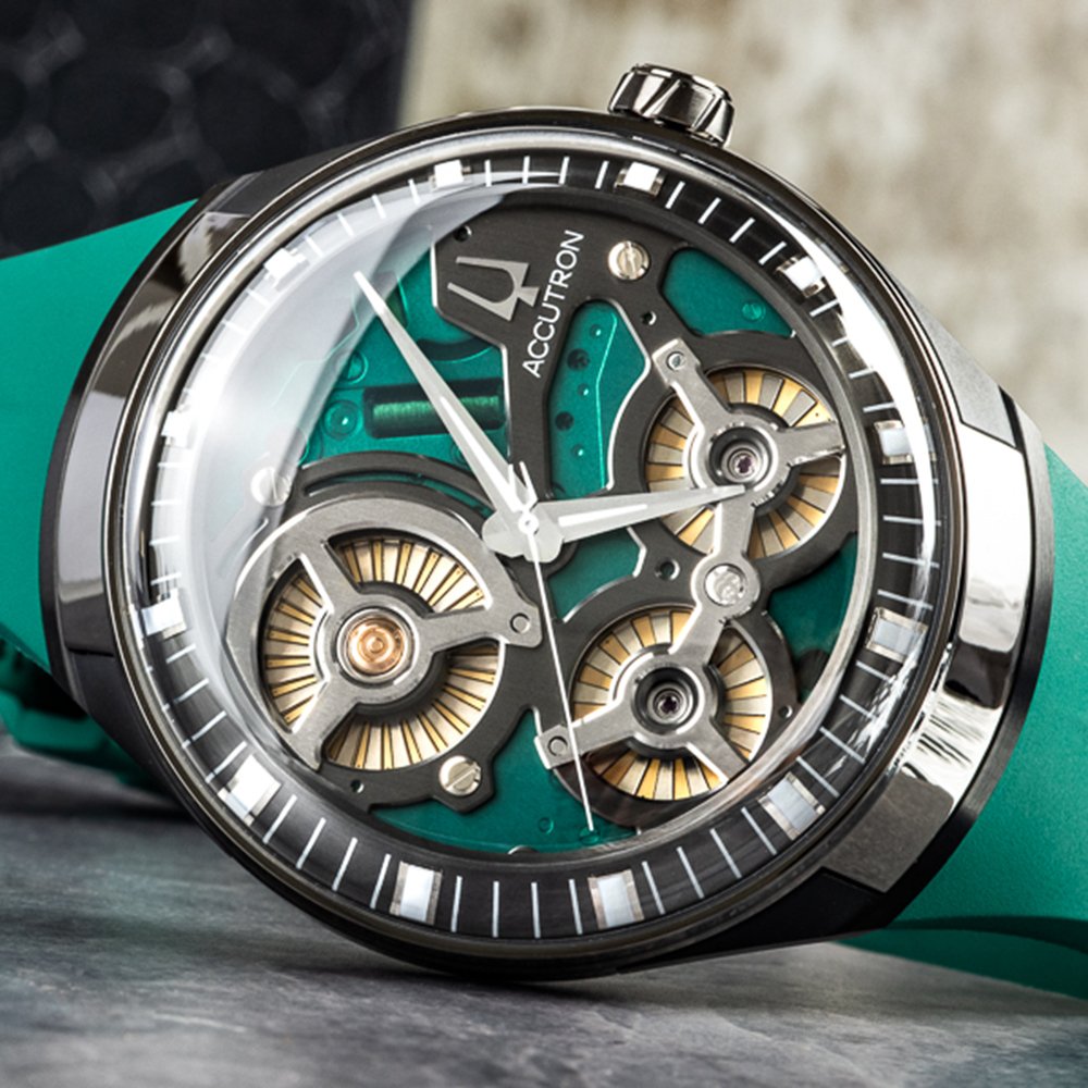 Close up of a green Bulova Accutron