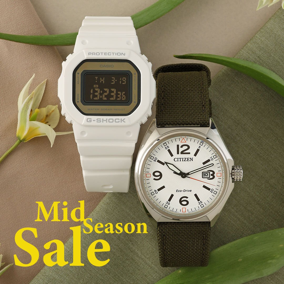 A white g-shock and a green citizen watch with a spring flower and the text Mid season sale