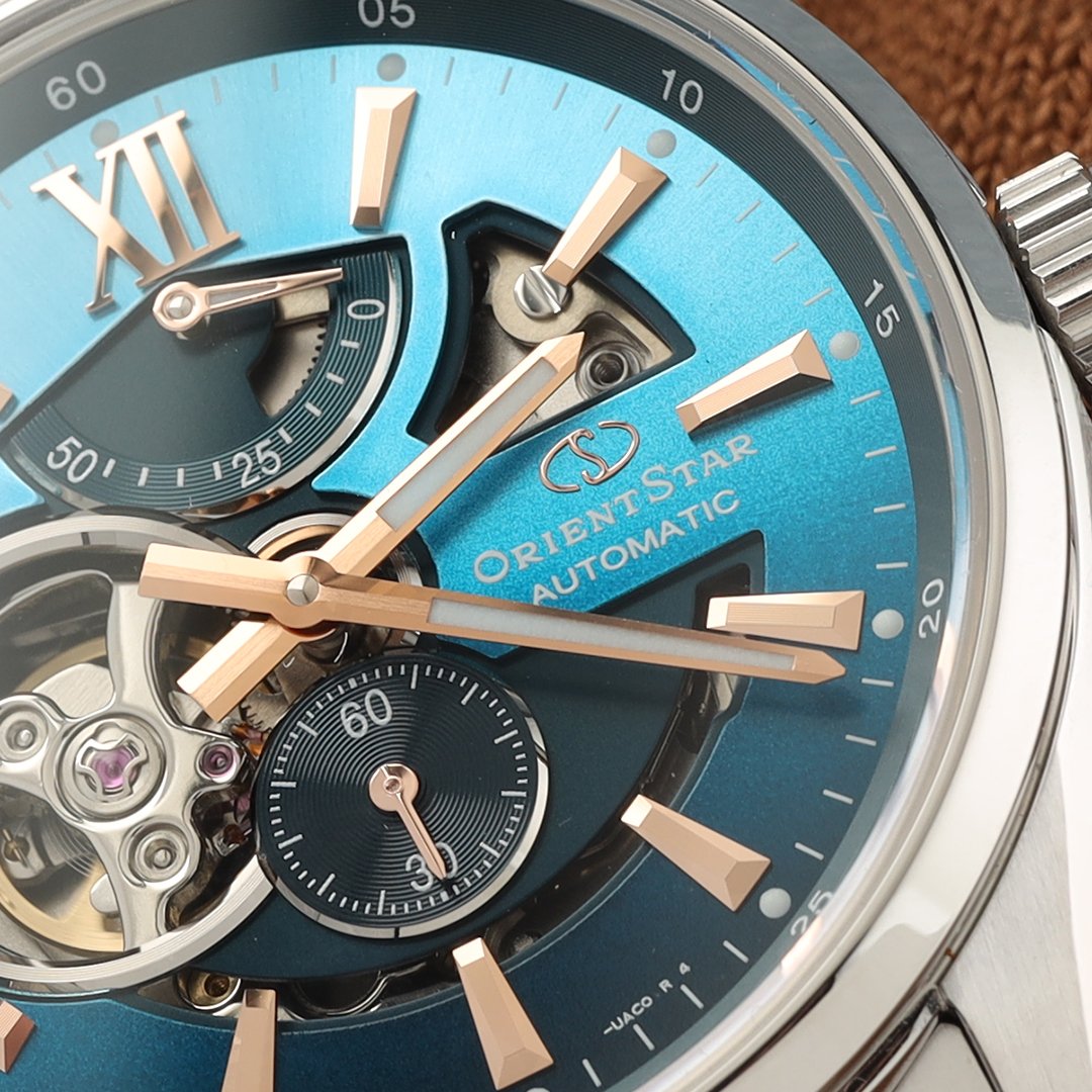 Close up of the blue dial of an Orient watch