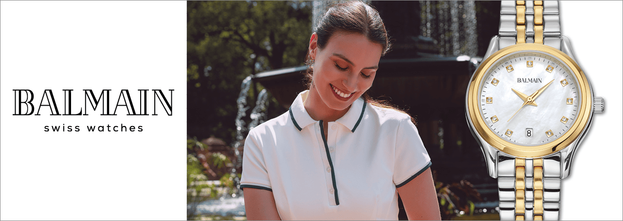 Woman in a tennis shirt next to a gold toned Balmain watch