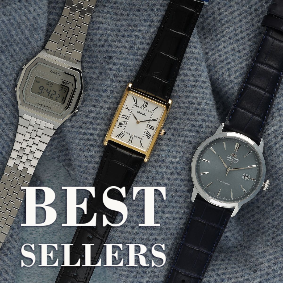 Tres relojes sobre una almohada verde con el texto Best sellers