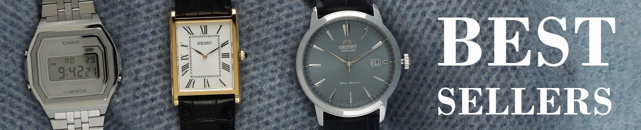 Trois montres sur un coussin vert avec le texte Best sellers