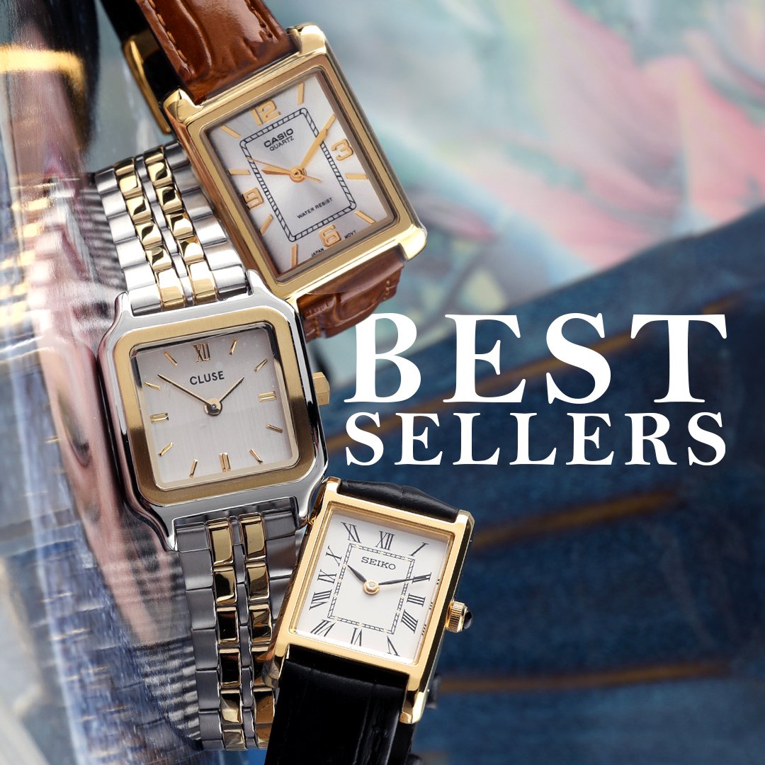 Three watches on a green pillow with the text Best sellers