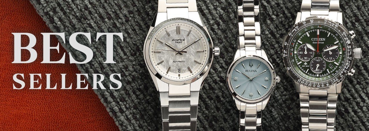 three watches on a green pillow with the text Best Sellers