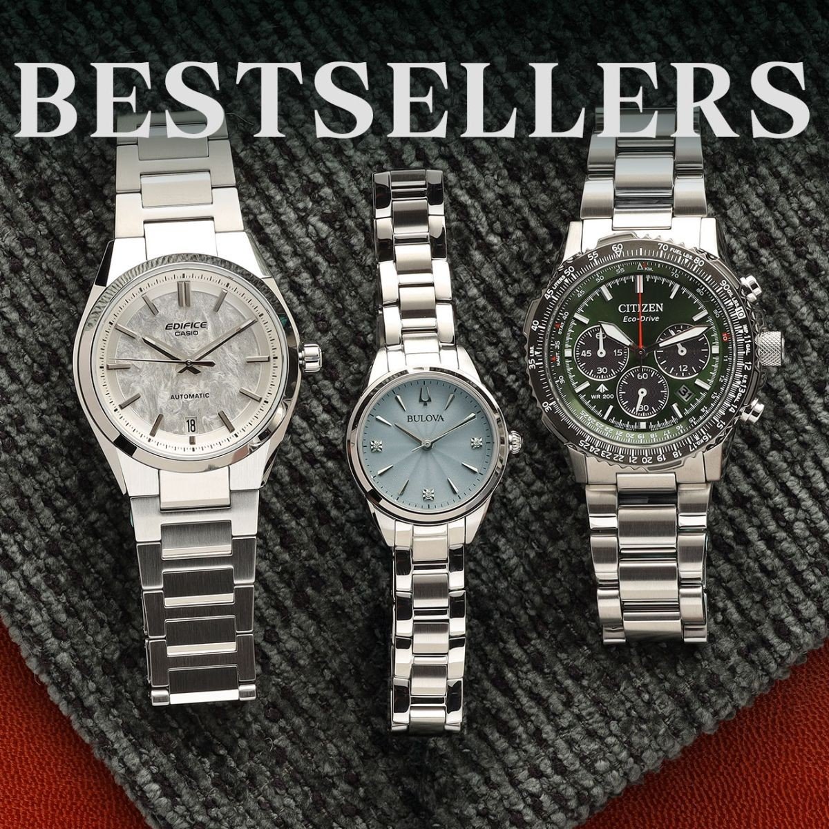 Three watches on a green pillow with the text Best sellers