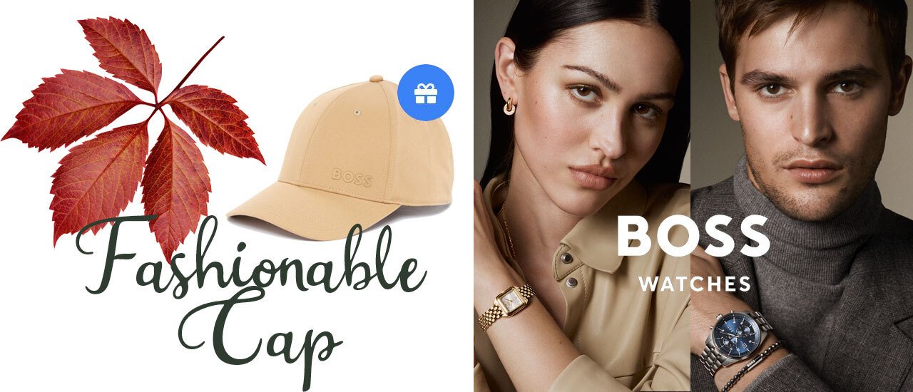 Picture of an autumn leaf, a hugo boss cap and a man wearing a Boss watch with the text Fahionable Cap