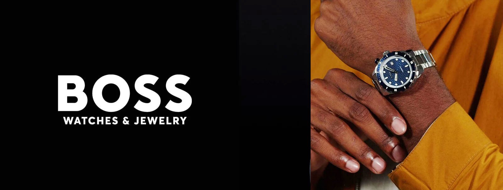 Een zwarte achtergrond met het logo van BOSS Jewels &amp; Watches en een afbeelding van een pols met een Hugo Boss-horloge