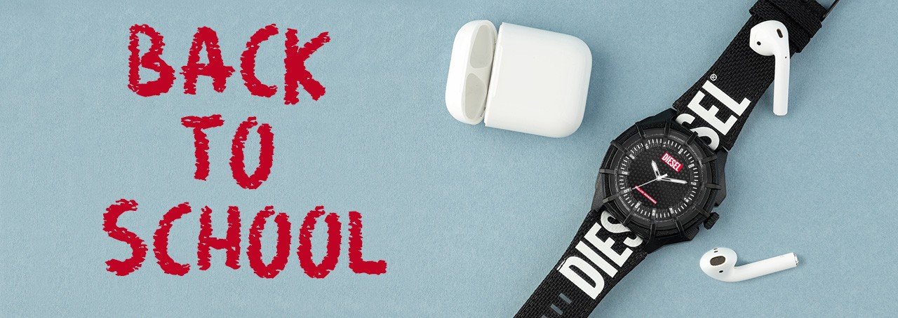 Watch and earbuds with the text Back to school
