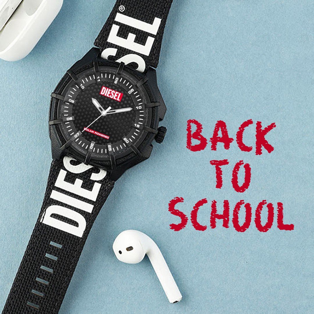 Watch and earbuds with the text Back to school