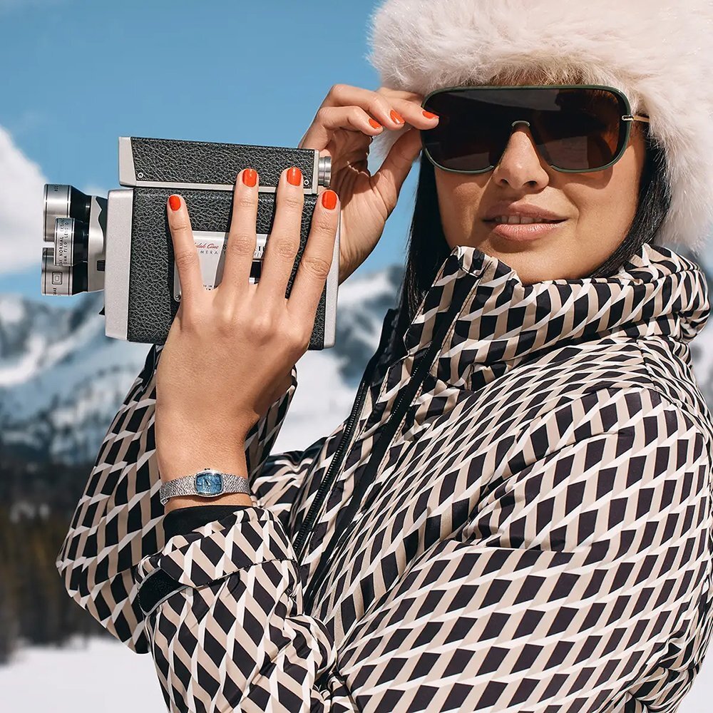 Woman in ski gear wearing a Bulova Classic 96L343 Goddess of Time Watch