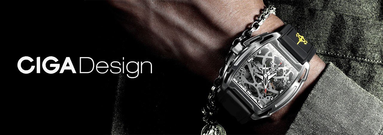 montre squelette tonneau au poignet pour homme avec logo ciga design