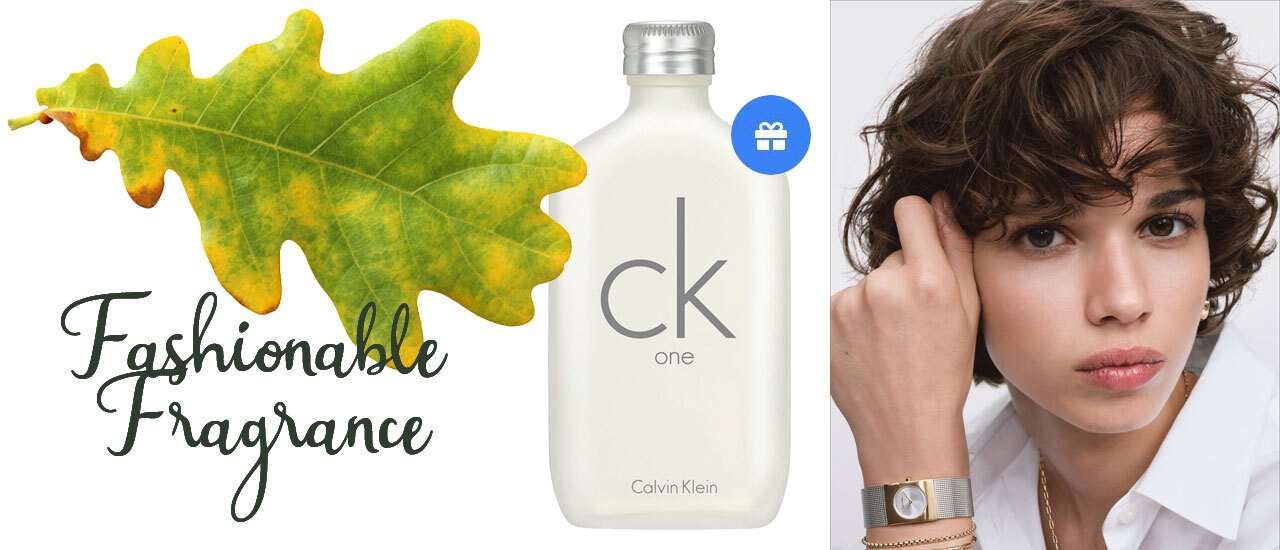 Picture of an autumn leaf, a bottle of CK One and a girl wearing an Calvin Klein watch with the text Fashionable Fragrance