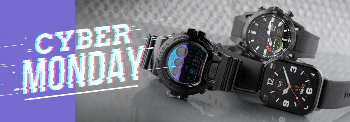 3 montres noires avec le texte cyber monday