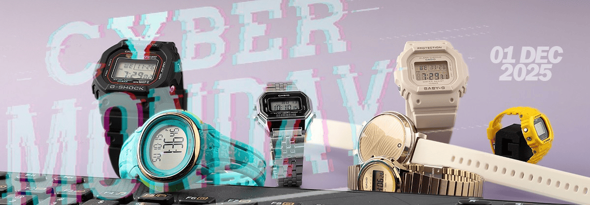 colorful collection of digital watches with the text Cyber Monday superimposed