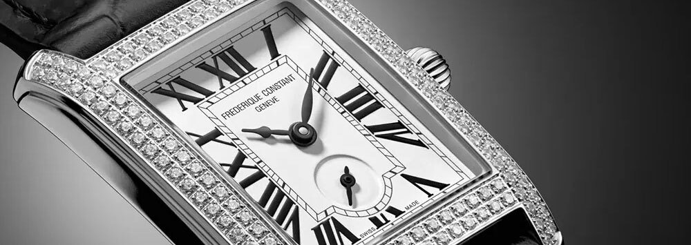 Close up of a Frederique Constant watch with diamonds