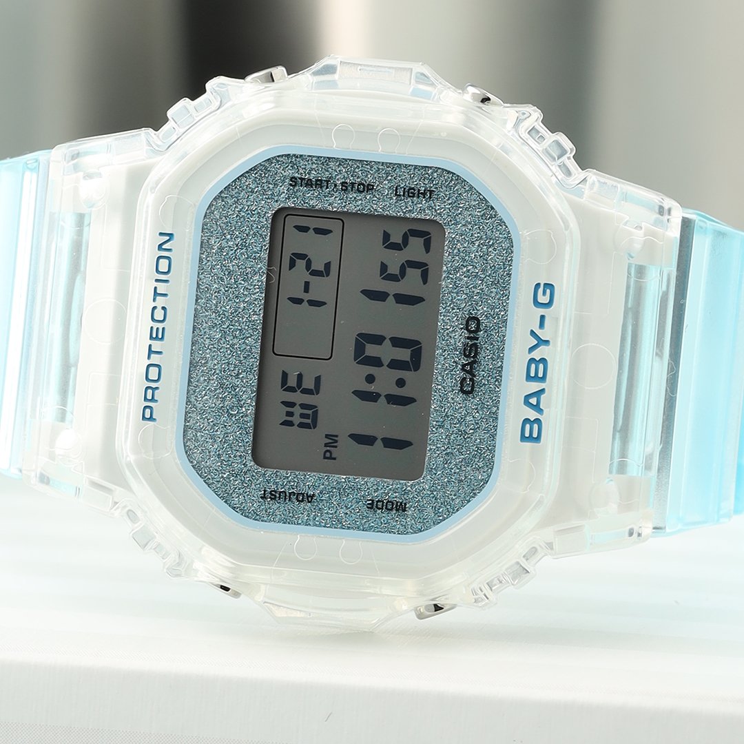 Close up of a blue digital G-Shock watch