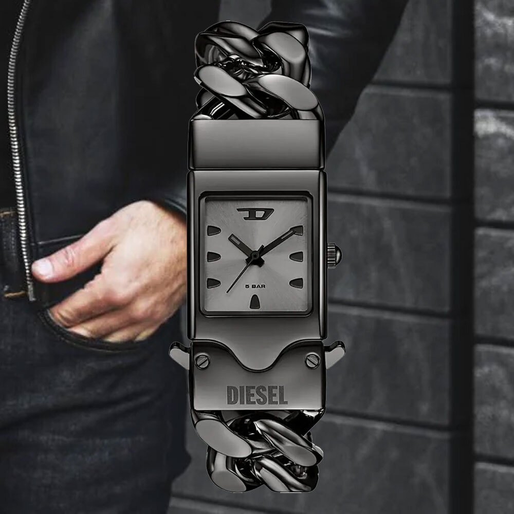 Black Diesel watch with a chain link bracelet