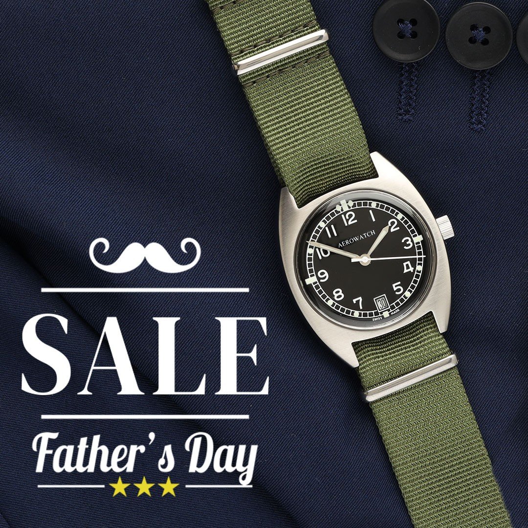 Field watch on a blue suit with the text Father's Day Sale