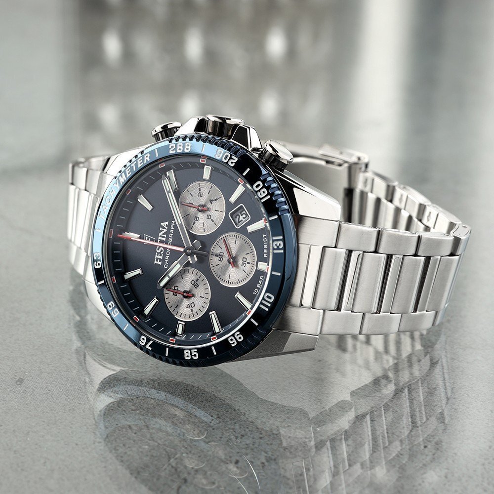 Festina chronograph with sub-dials for seconds, minutes, and hours.