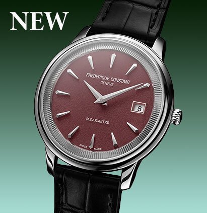 A photo of the laters Frederique Condstant watch with a burgundy dial and a black leather strap, plus the text 'NEW'