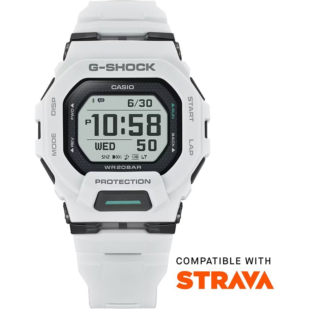 White G-Squad sports watch with Strava connection