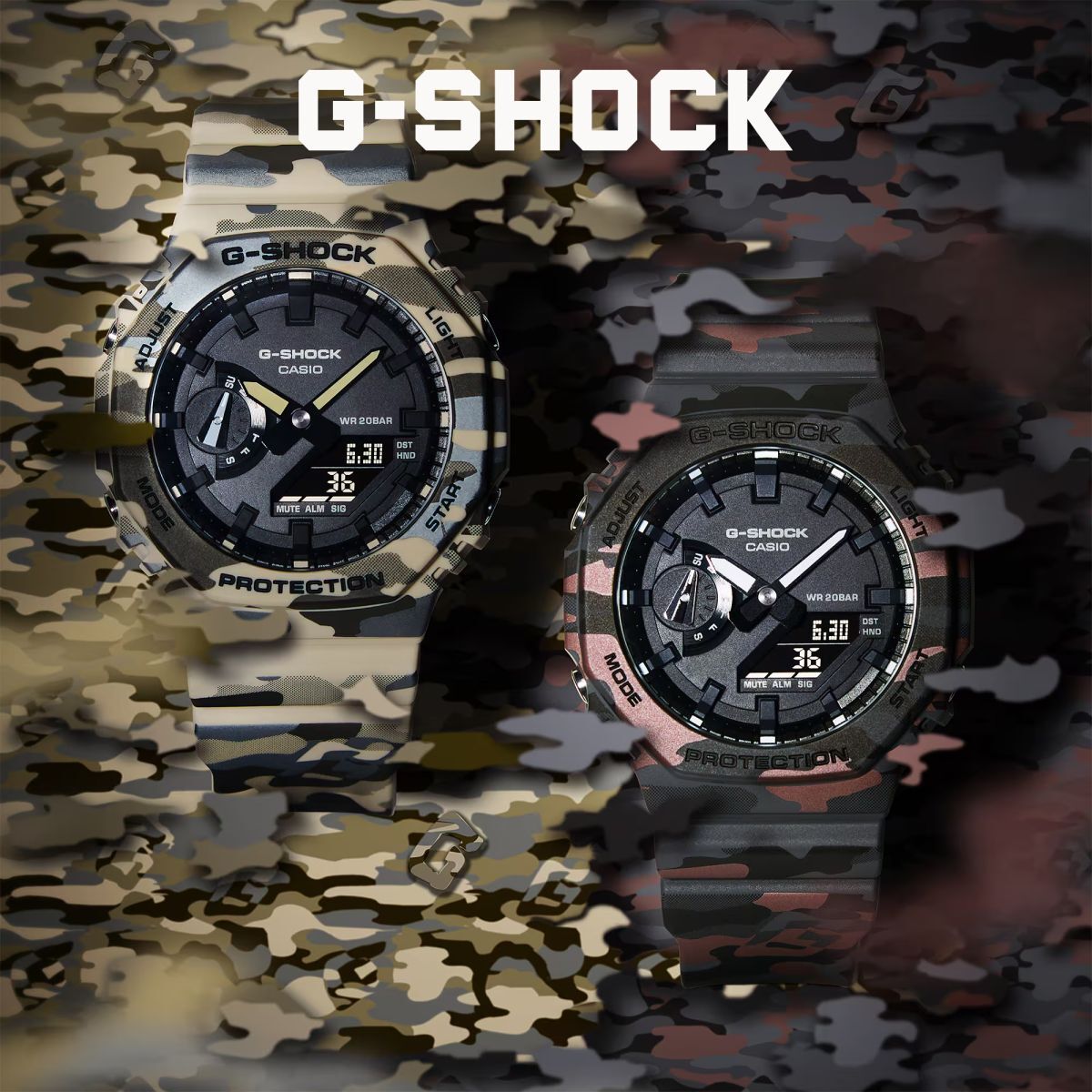 Two camouflage pattern G-Shock watches