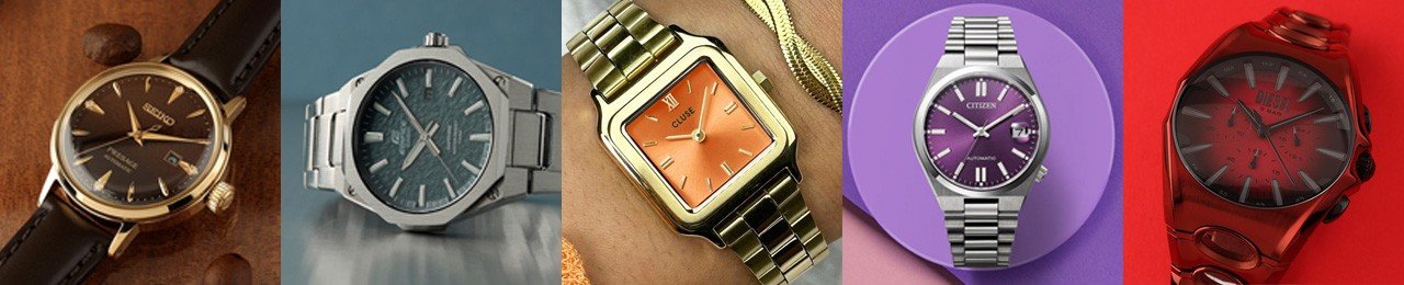 Five watches in the fall-winter 2025 colors - brown, petrol, orange, purple and red