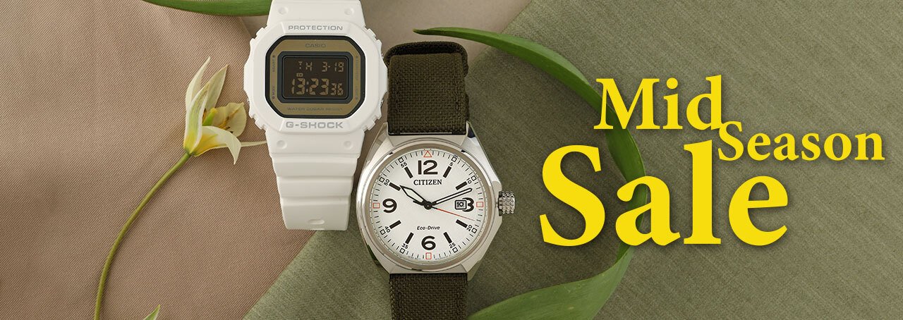 A white g-shock and a green citizen watch with a spring flower and the text Mid season sale