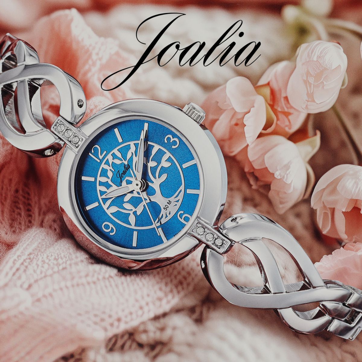 Joalia watch with a blue dial and pink flowers