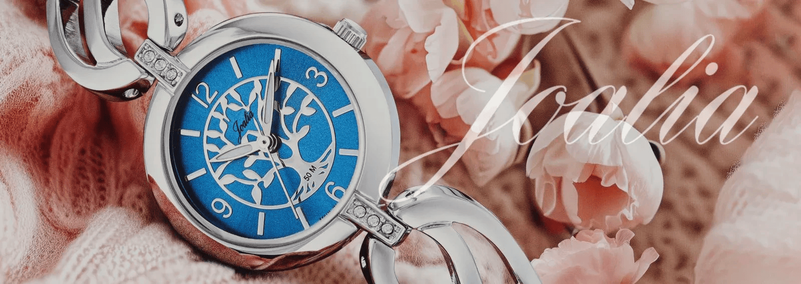 Joalia watch with bluedial and pink flowers