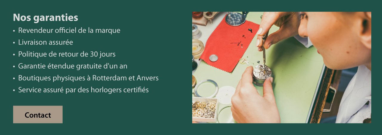 green block with a picture of a watch maker and the following text: Our guarantee In-house service and maintenance Free registered shipping Certified watchmakers 30 day return policy Brick and mortar stores in Rotterdam and Antwerp