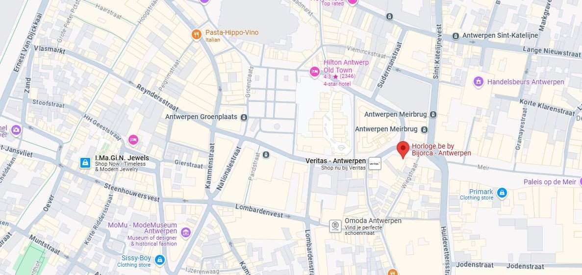 Carte d'Anvers avec l'emplacement de la boutique Horloge.be