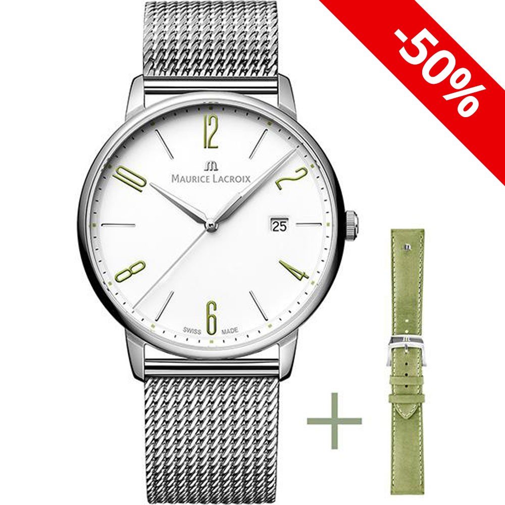 Silver Maurice Lacroix watch plus a green leather strap