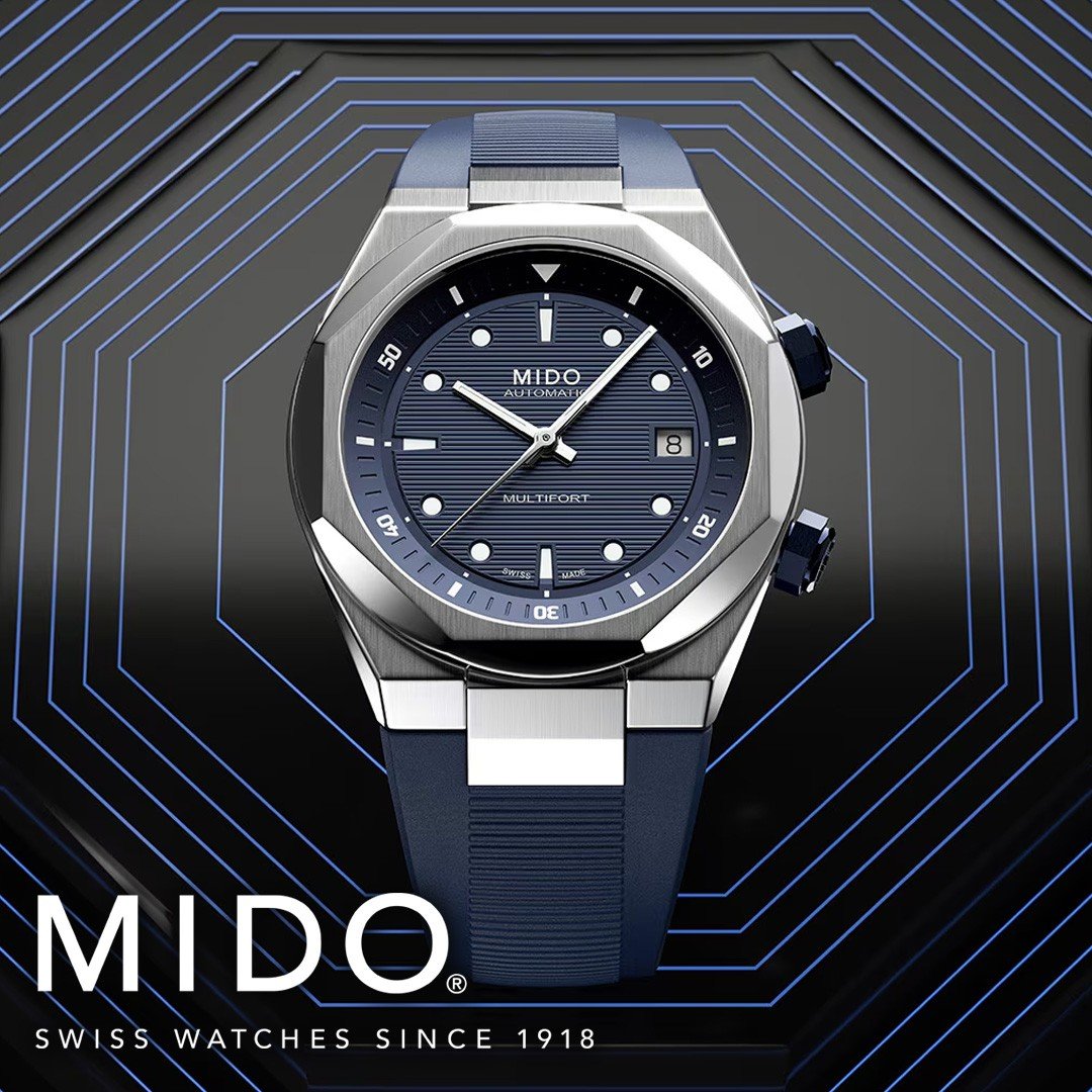 Mido watch and logo on a black background