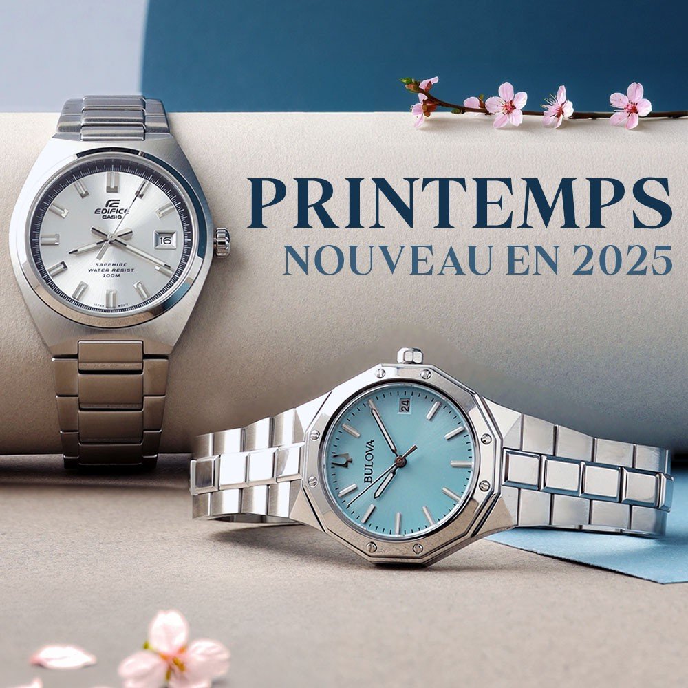 Deux montres avec une branche de cerisier en fleurs.