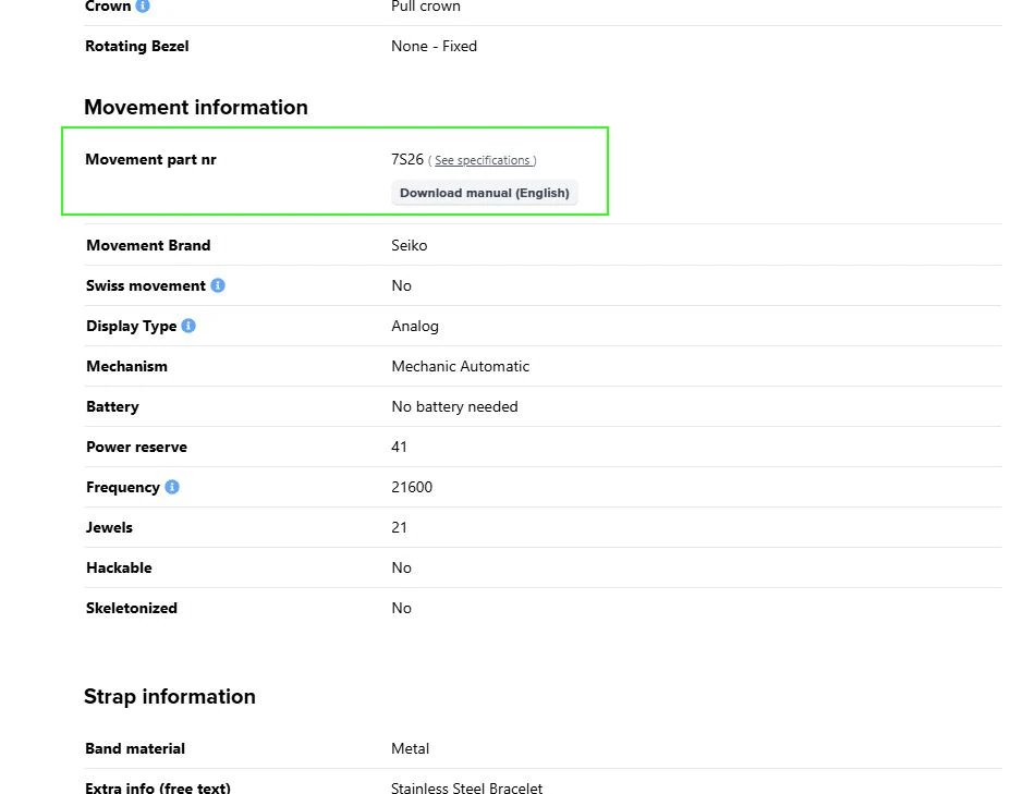Screenshot of specs on the Horloge.nl website