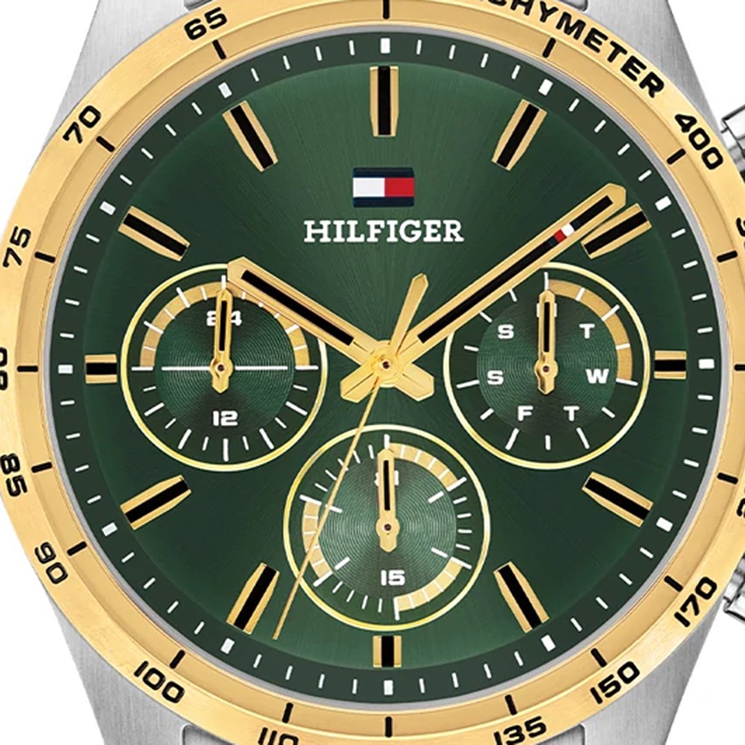 Dial of a Tommy Hilfiger multifunction watch with day, date, and 24-hour display