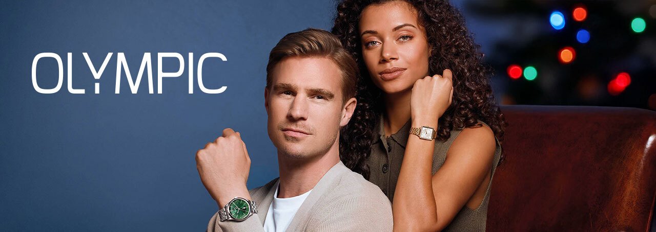 Man wearing an Olympic watch on a blue background