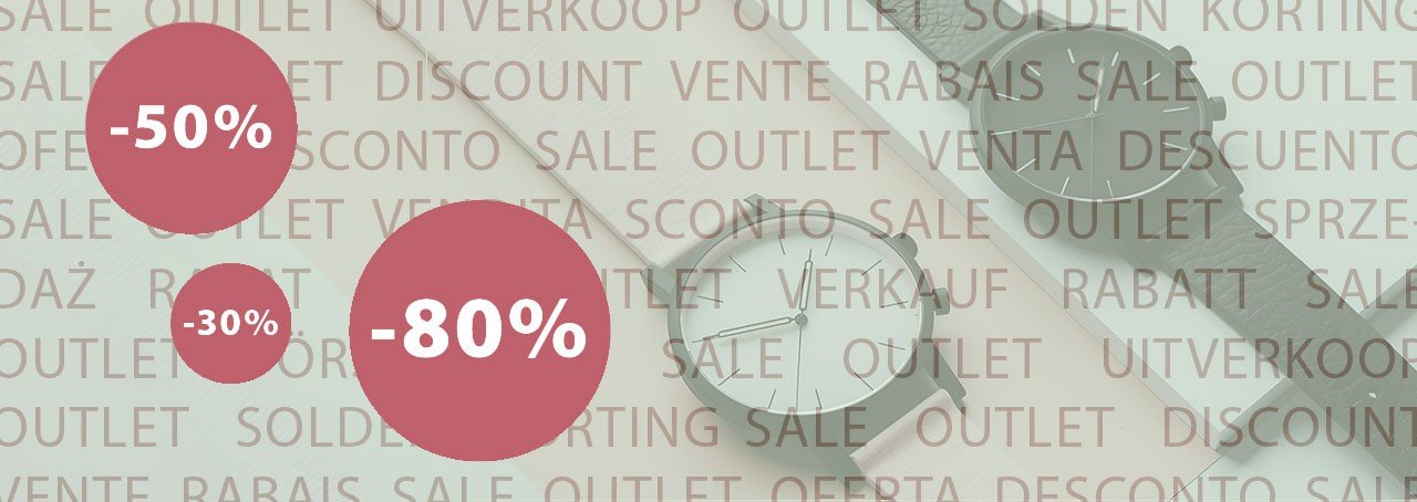 3 watches superimposed with the word Outlet in several languages and bubbles with discount percentages