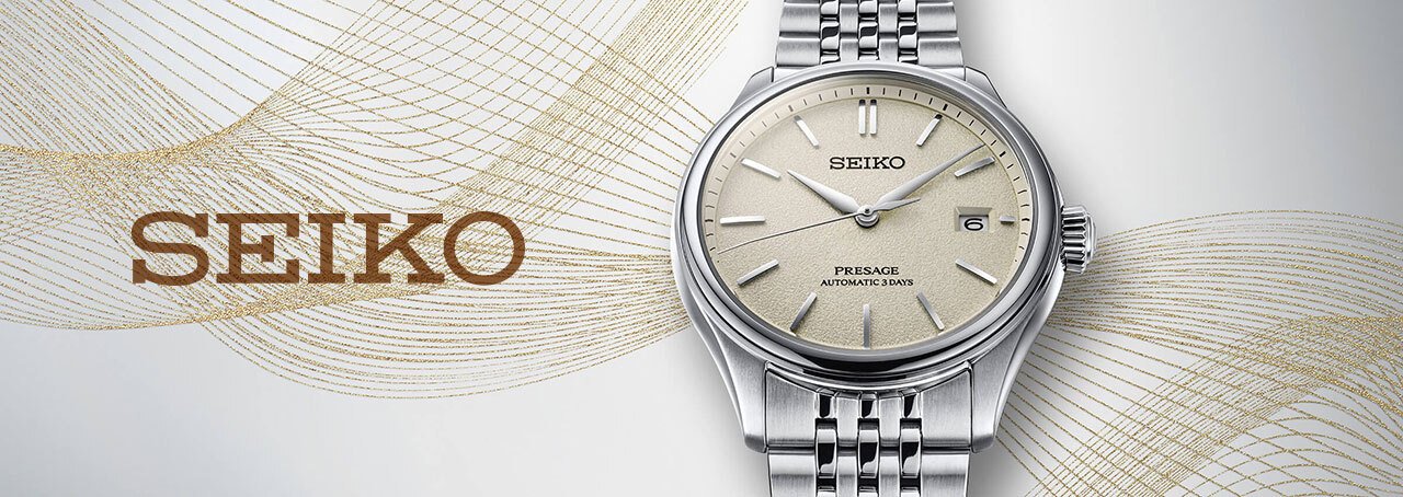 Montre seiko presage aux tons argentés sur fond clair avec fils d'or