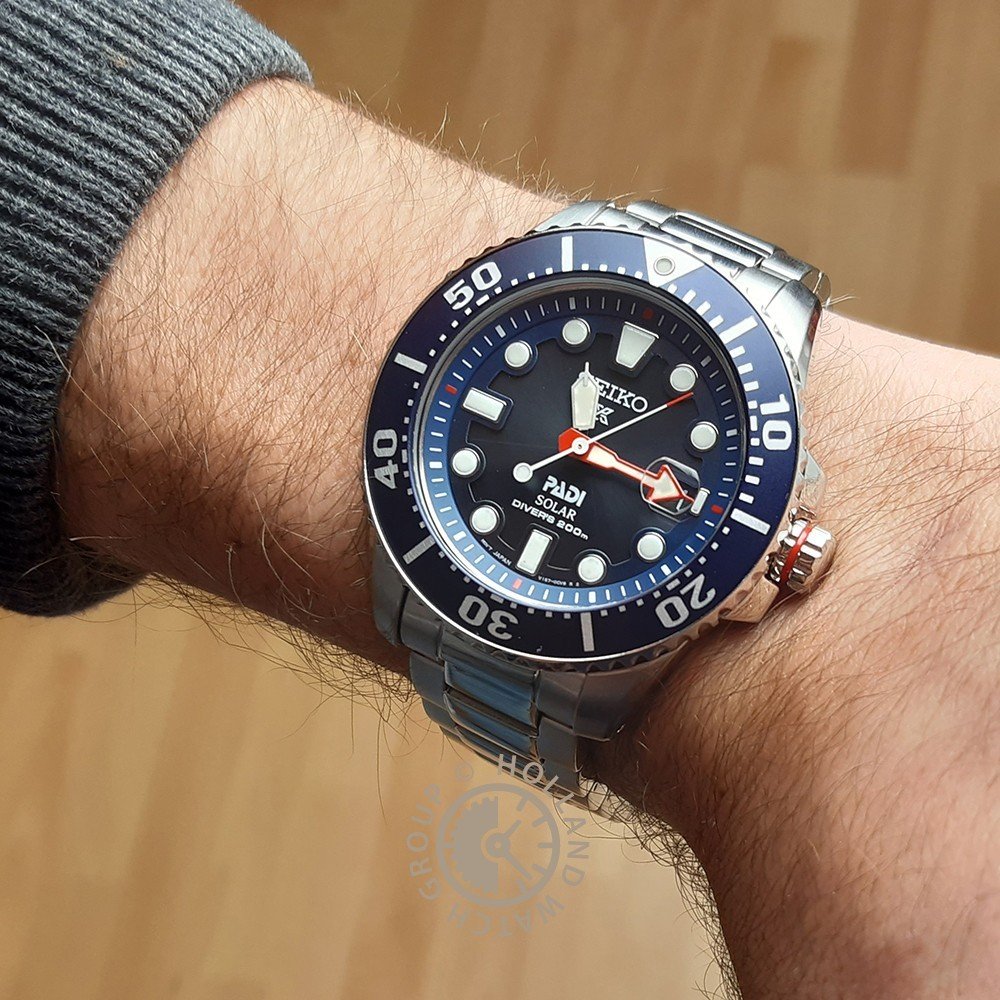 Blue Seiko Prospex padi on a man's wrist
