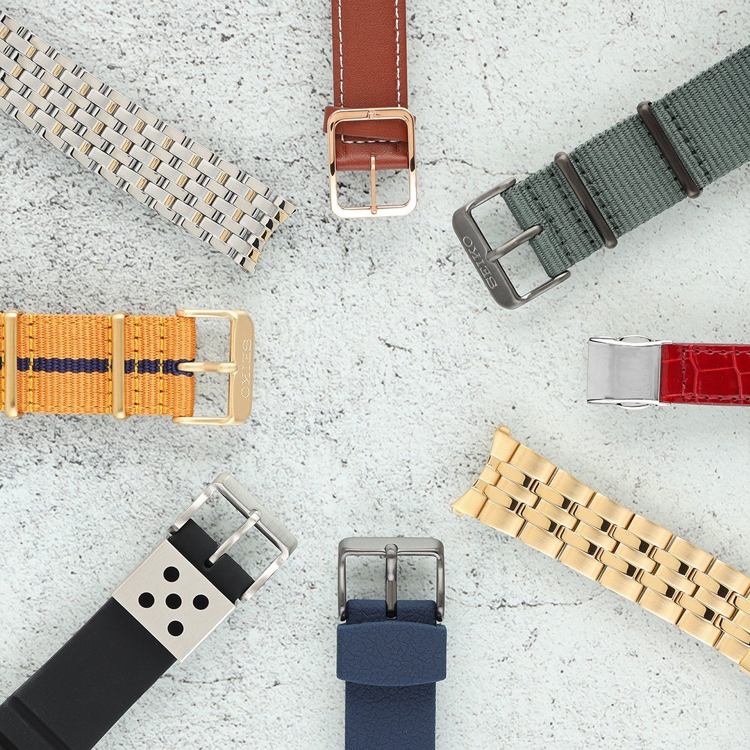 Bracelets de montre Seiko ; cuir, métal, caoutchouc et NATO