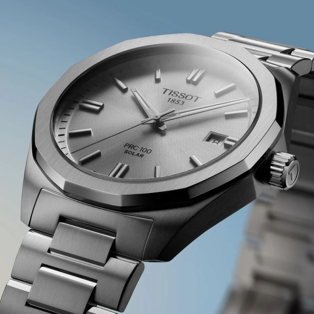 Close up of a Tissot solar watch