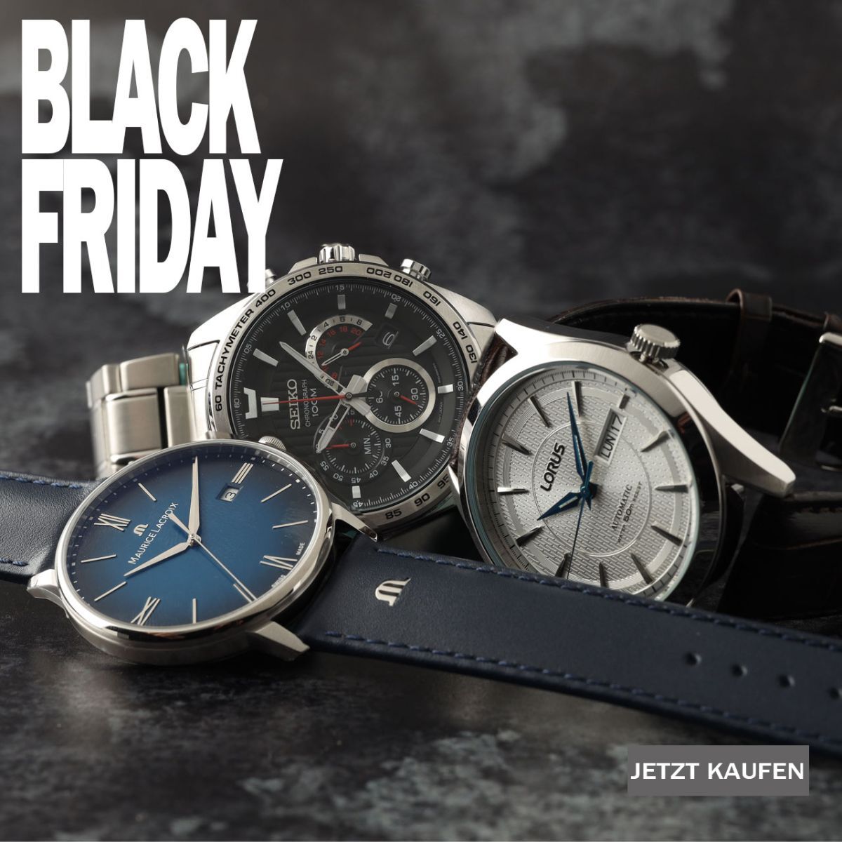 3 Uhren auf einem Hintergrund mit dem Text black friday