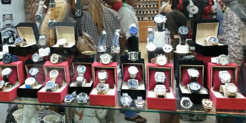 Shop window with counterfeit watches