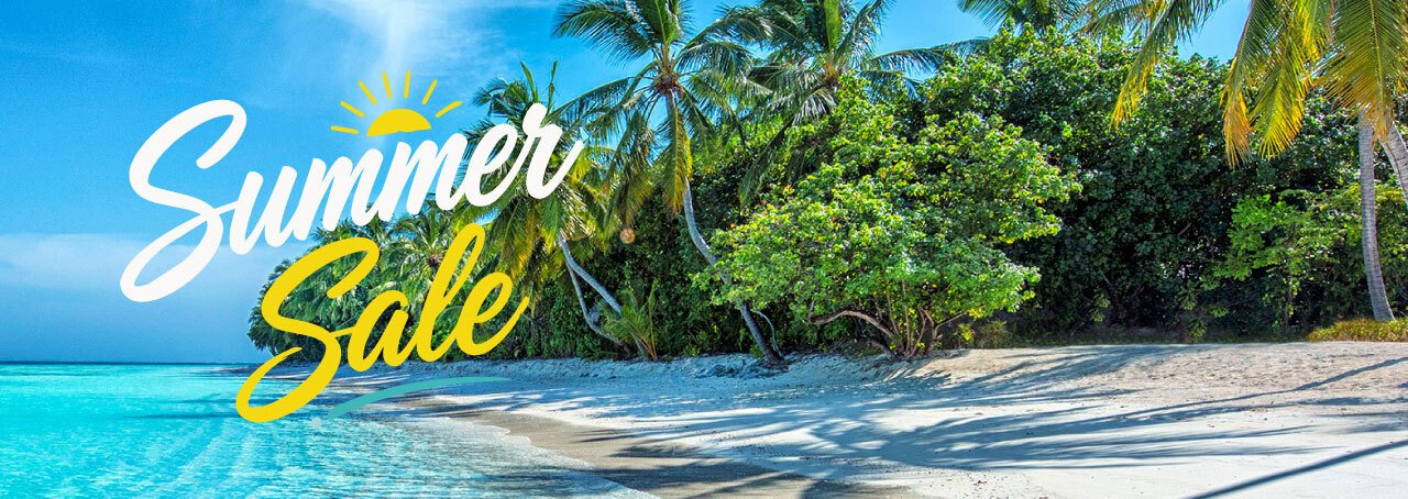 tropical beach with text Summer Sale