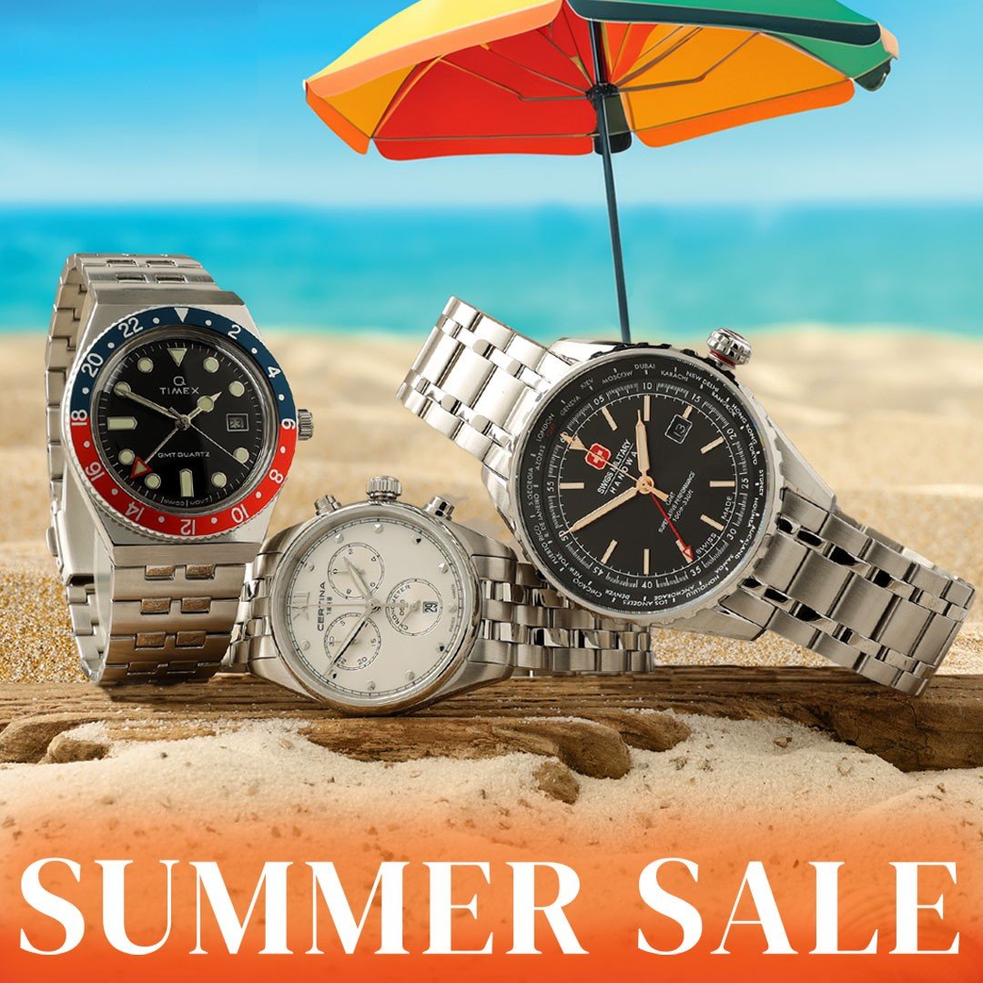 Three watches on a beach with the text Summer Sale