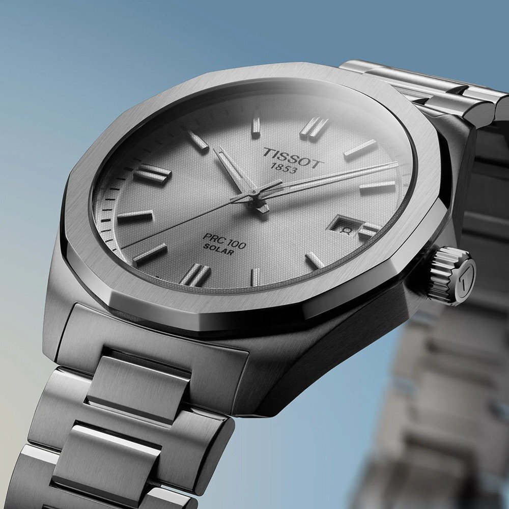 Tissot PRC100 watch with solar cells in the crystal instead of in the dial