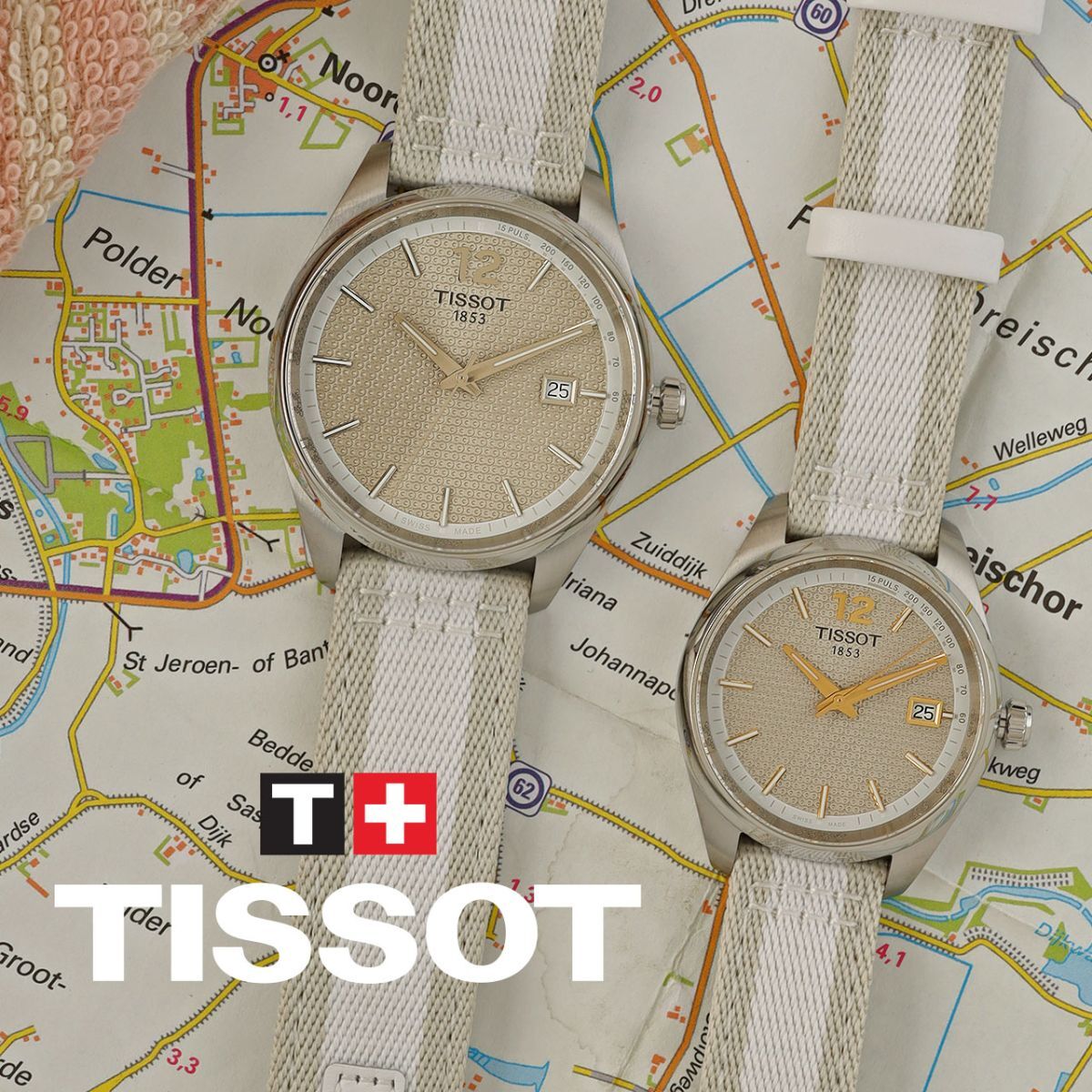 Two Tissot watches on a map